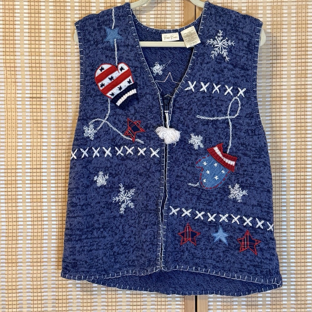 Bobbie Brooks Womens L Christmas Sweater Vest Blue Mittens Stars Grannycore